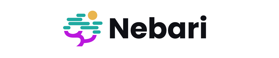 Nebari logo. The symbol shows purple trunk and branches, with green capsule-shaped leaves, and a yellow circle at the top.
